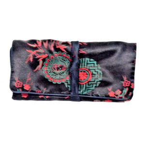Large Jewelry Roll Travel Storage Embroidery Satin Bag Rings Zipper Fold-Over
